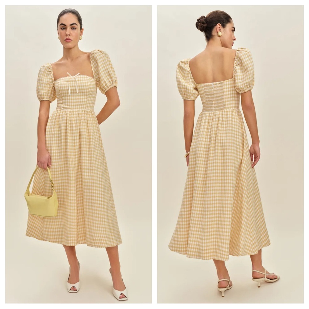 Reformation Marella Linen Gingham Sunshine Check Midi Dress